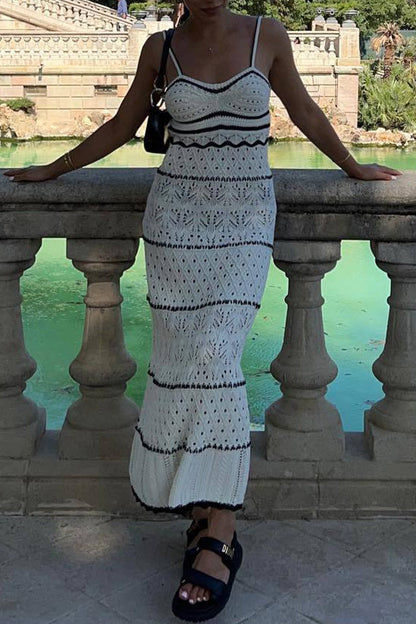 Hollowed Out Contrast Weave V Neck One Step Skirt Dresses
