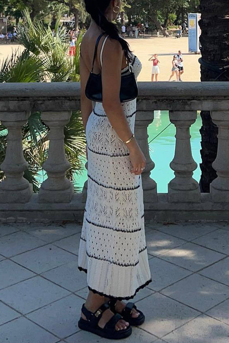 Hollowed Out Contrast Weave V Neck One Step Skirt Dresses