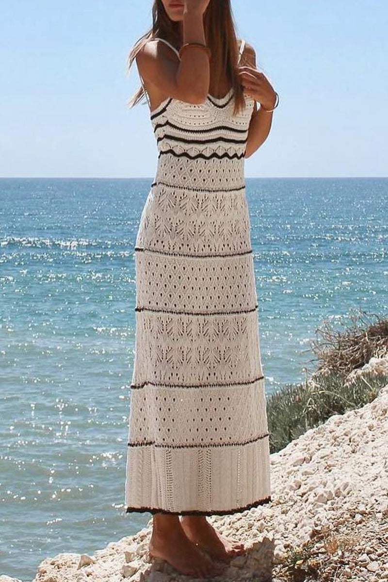 Hollowed Out Contrast Weave V Neck One Step Skirt Dresses