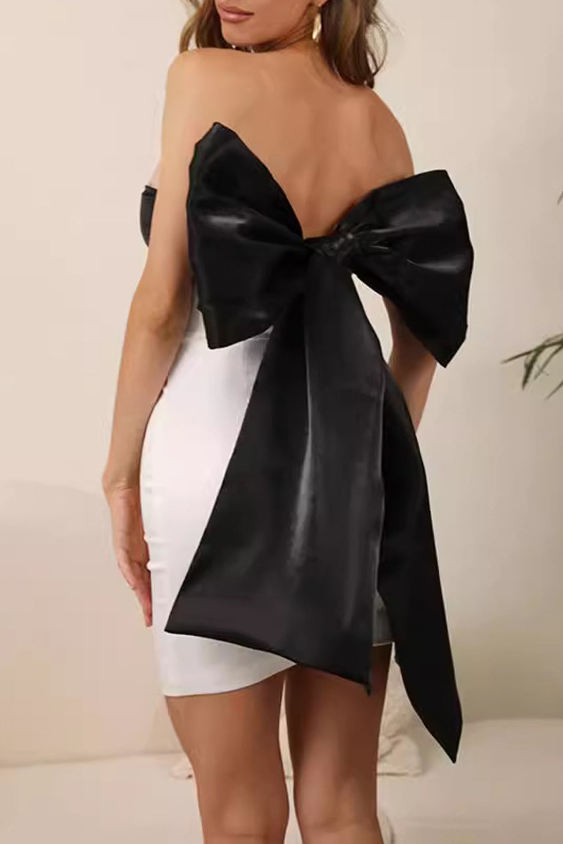 With Bow Contrast Strapless Wrapped Skirt Dresses