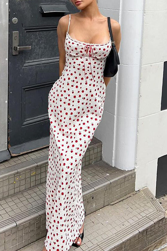 Sweet Print Flowers Lace Square Collar One Step Skirt Dresses
