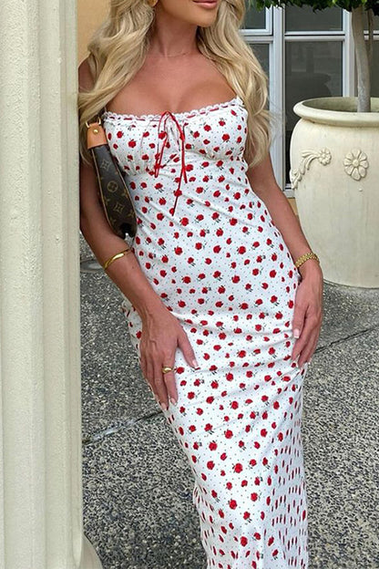 Sweet Print Flowers Lace Square Collar One Step Skirt Dresses