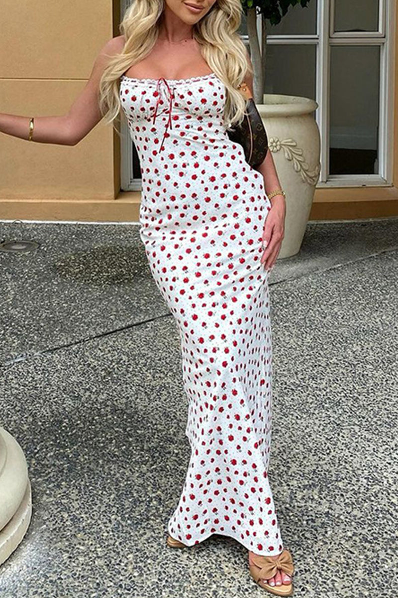 Sweet Print Flowers Lace Square Collar One Step Skirt Dresses