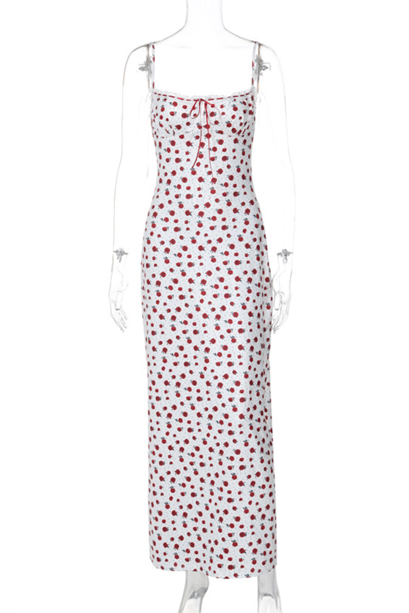Sweet Print Flowers Lace Square Collar One Step Skirt Dresses