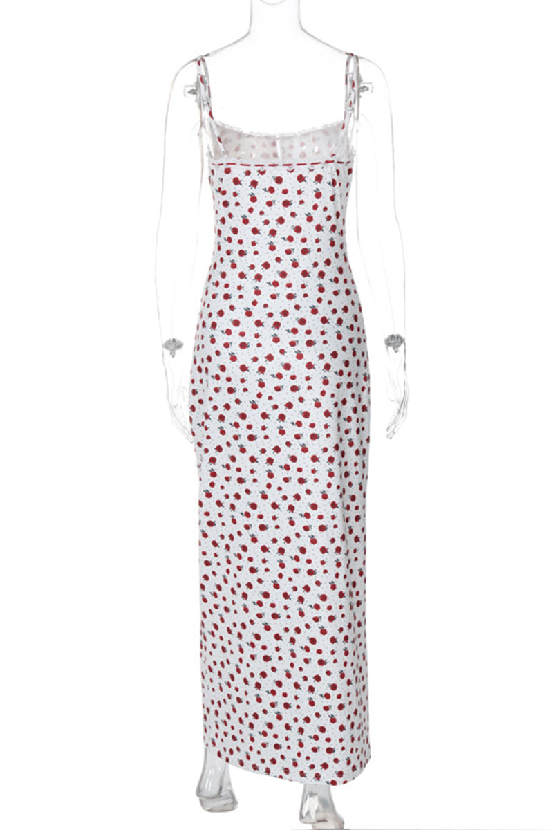 Sweet Print Flowers Lace Square Collar One Step Skirt Dresses