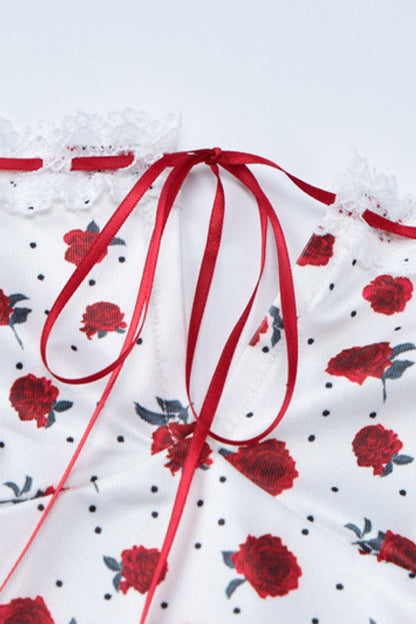 Sweet Print Flowers Lace Square Collar One Step Skirt Dresses