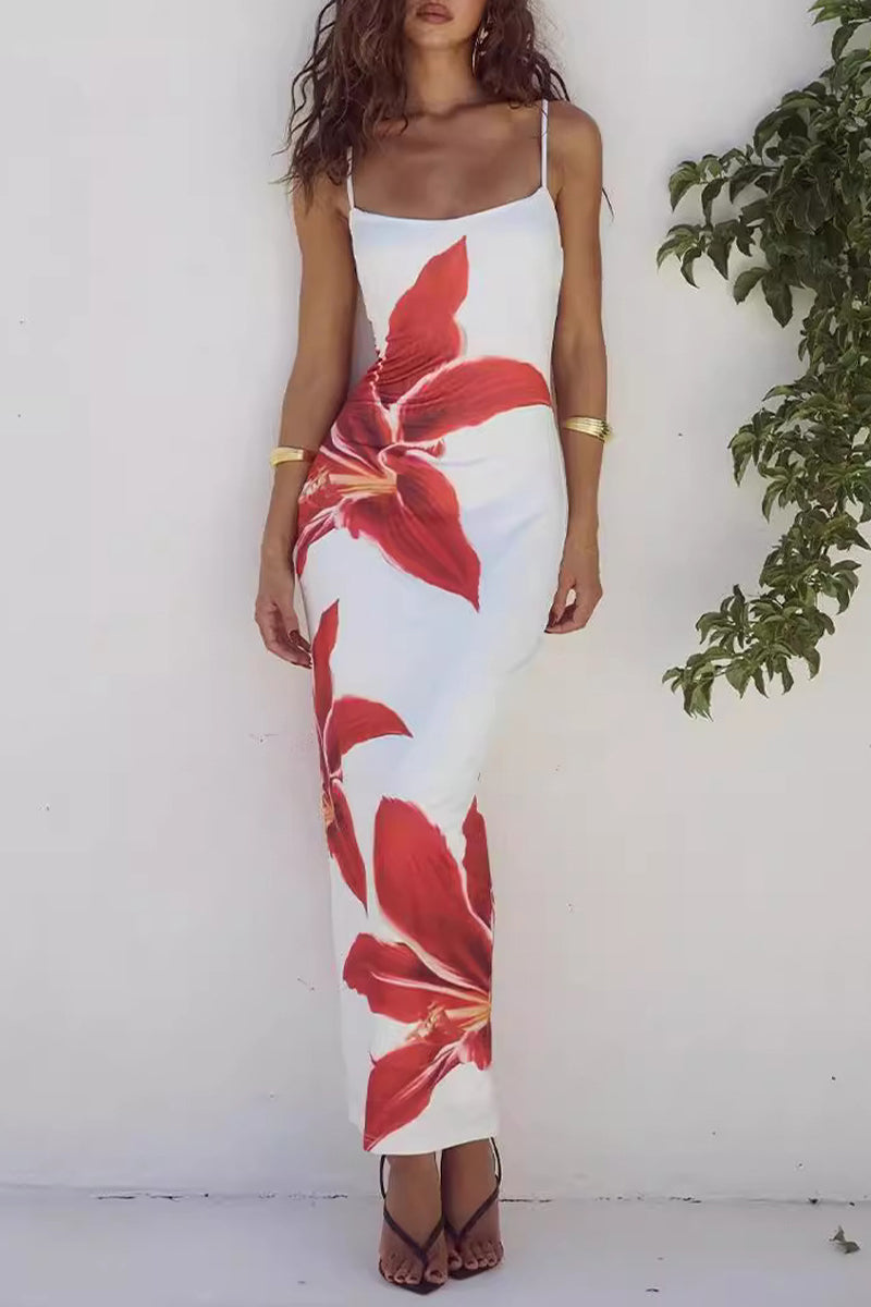 Print Flowers Square Collar One Step Skirt Dresses