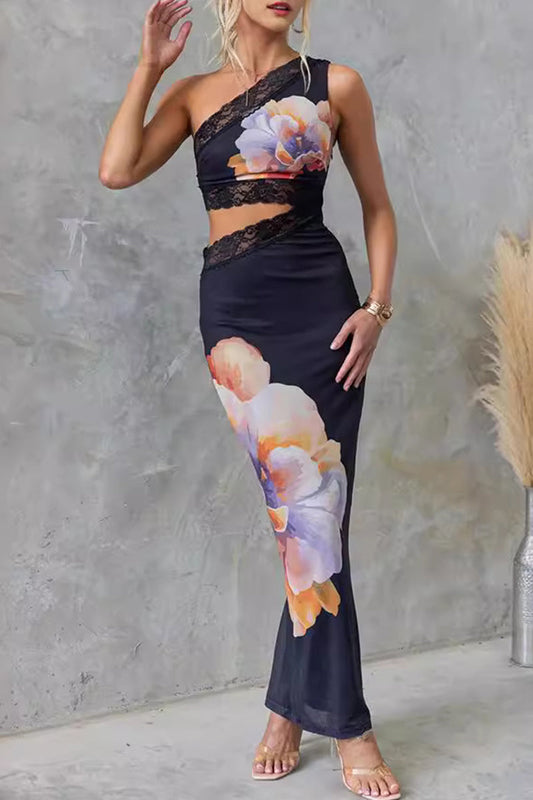 Print Flowers Lace Oblique Collar One Step Skirt Dresses