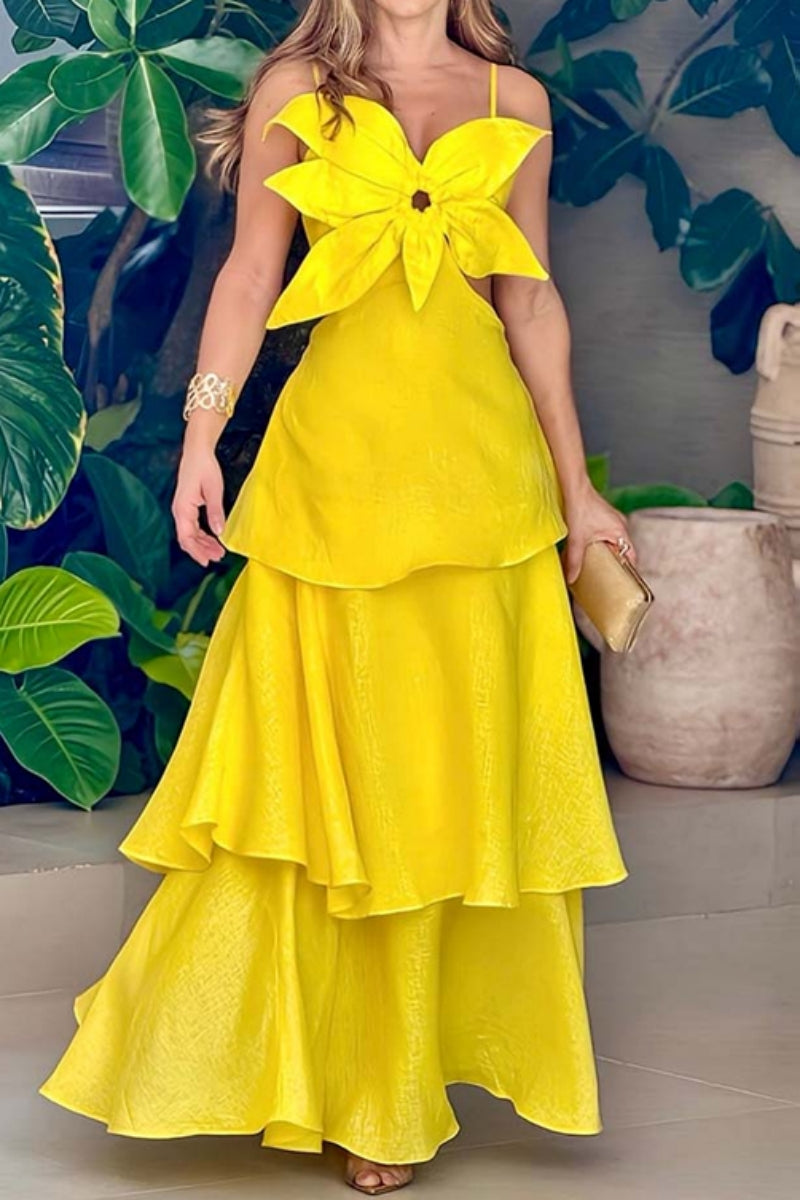 Patchwork Backless Spaghetti Strap Long Dresses