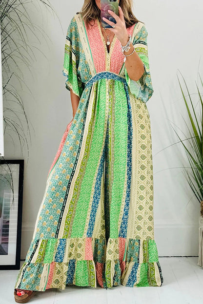 Geometric Print Pocket Frenulum Backless V Neck Loose Jumpsuits