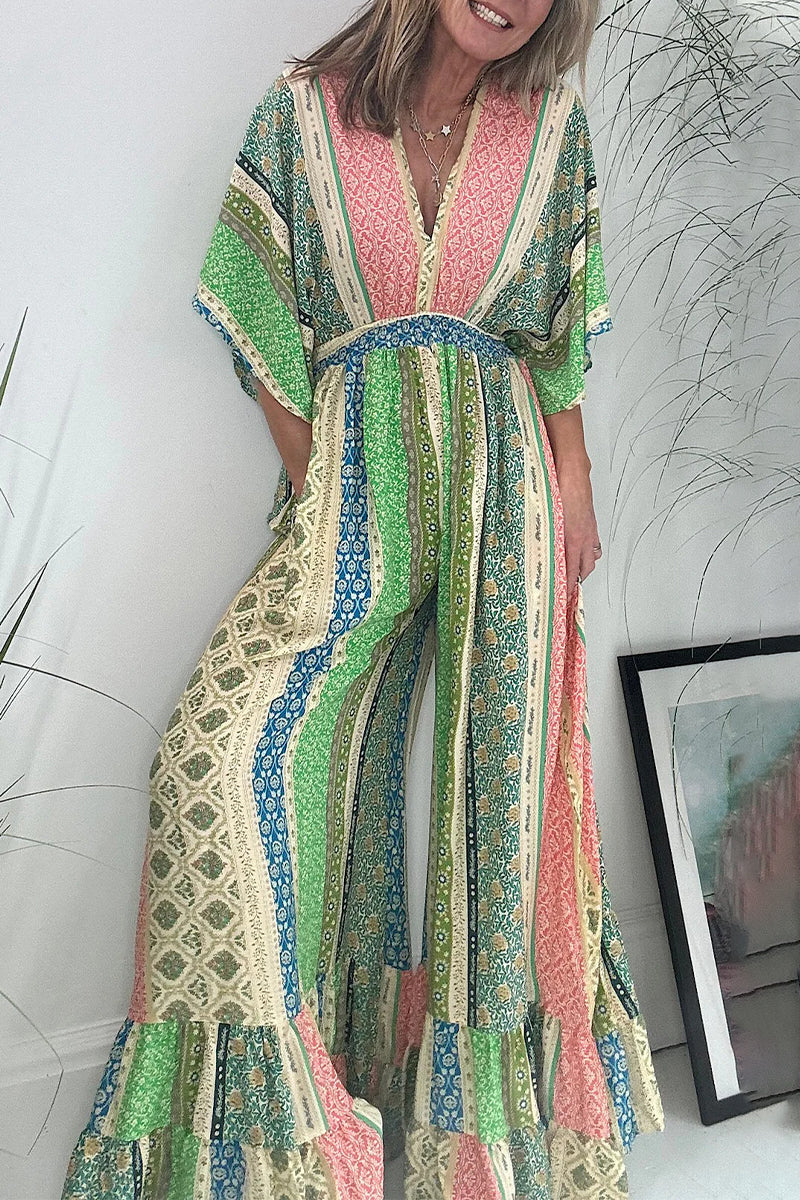 Geometric Print Pocket Frenulum Backless V Neck Loose Jumpsuits