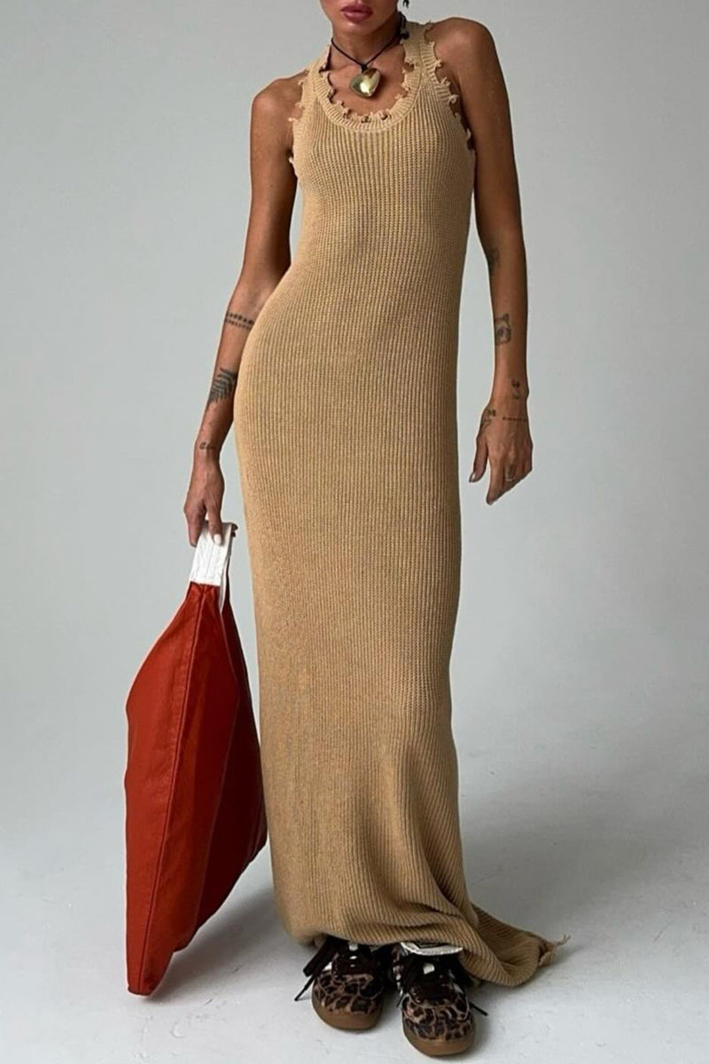 Simplicity Ripped O Neck One Step Skirt Dresses