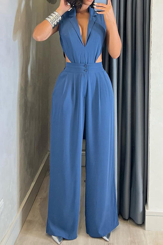 Hollowed Out Patchwork Turndown Collar Straight Jumpsuits