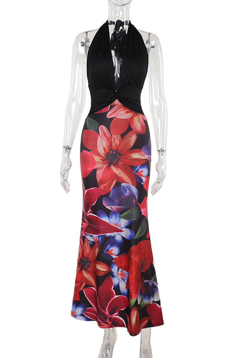 Not Positioning Printed Backless Halter One Step Skirt Dresses