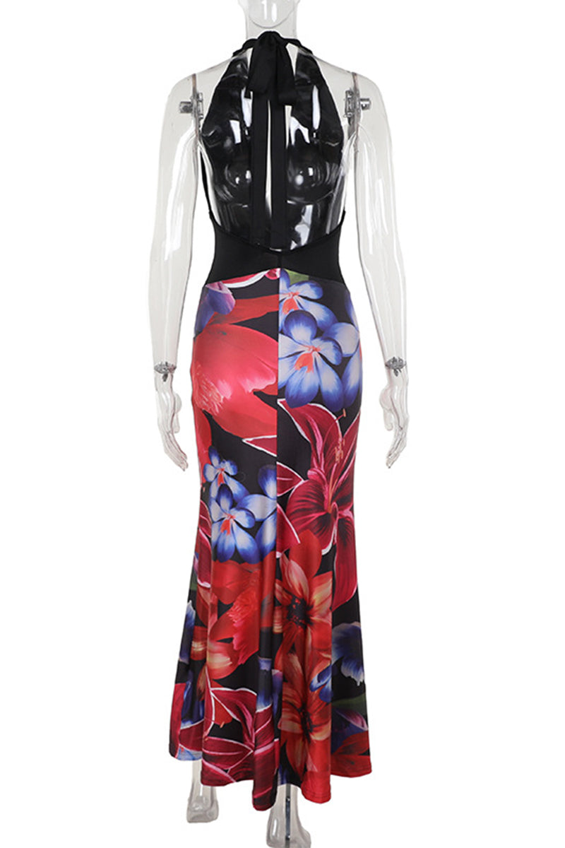 Not Positioning Printed Backless Halter One Step Skirt Dresses