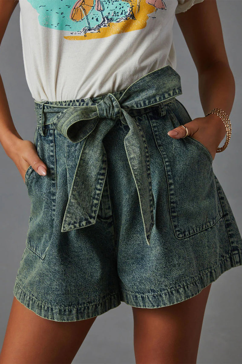 Bandage Make Old Pocket High Waist Denim Shorts