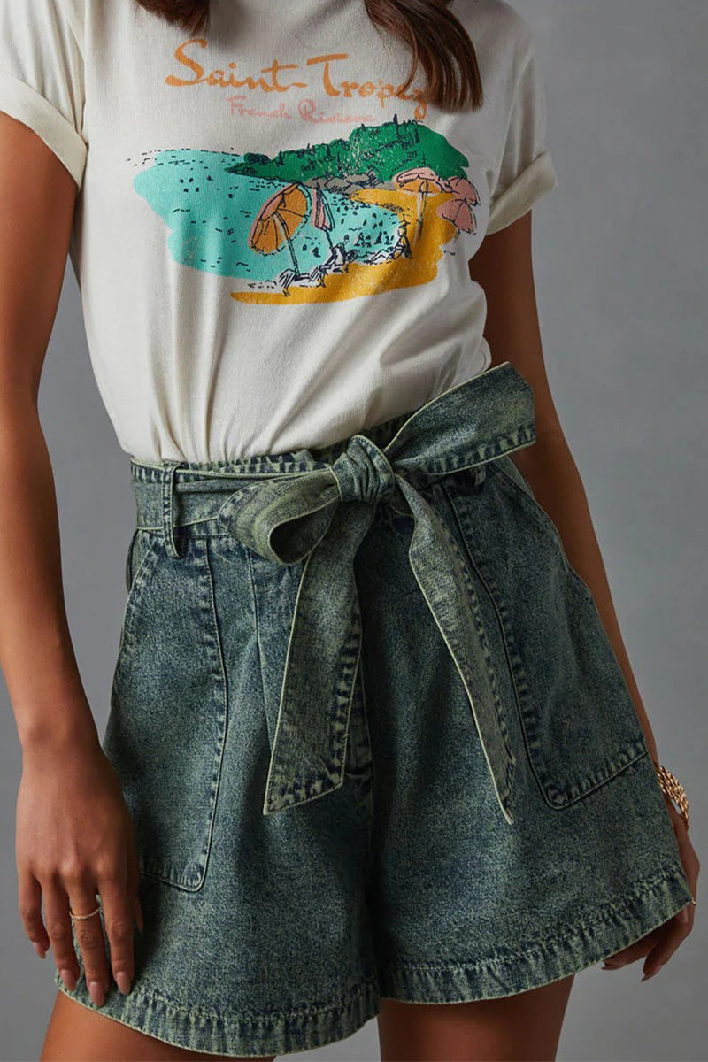 Bandage Make Old Pocket High Waist Denim Shorts