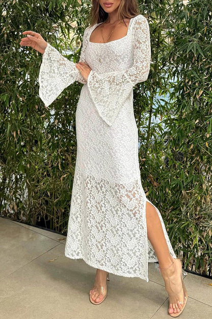 Lace Slit O Neck One Step Skirt Dresses