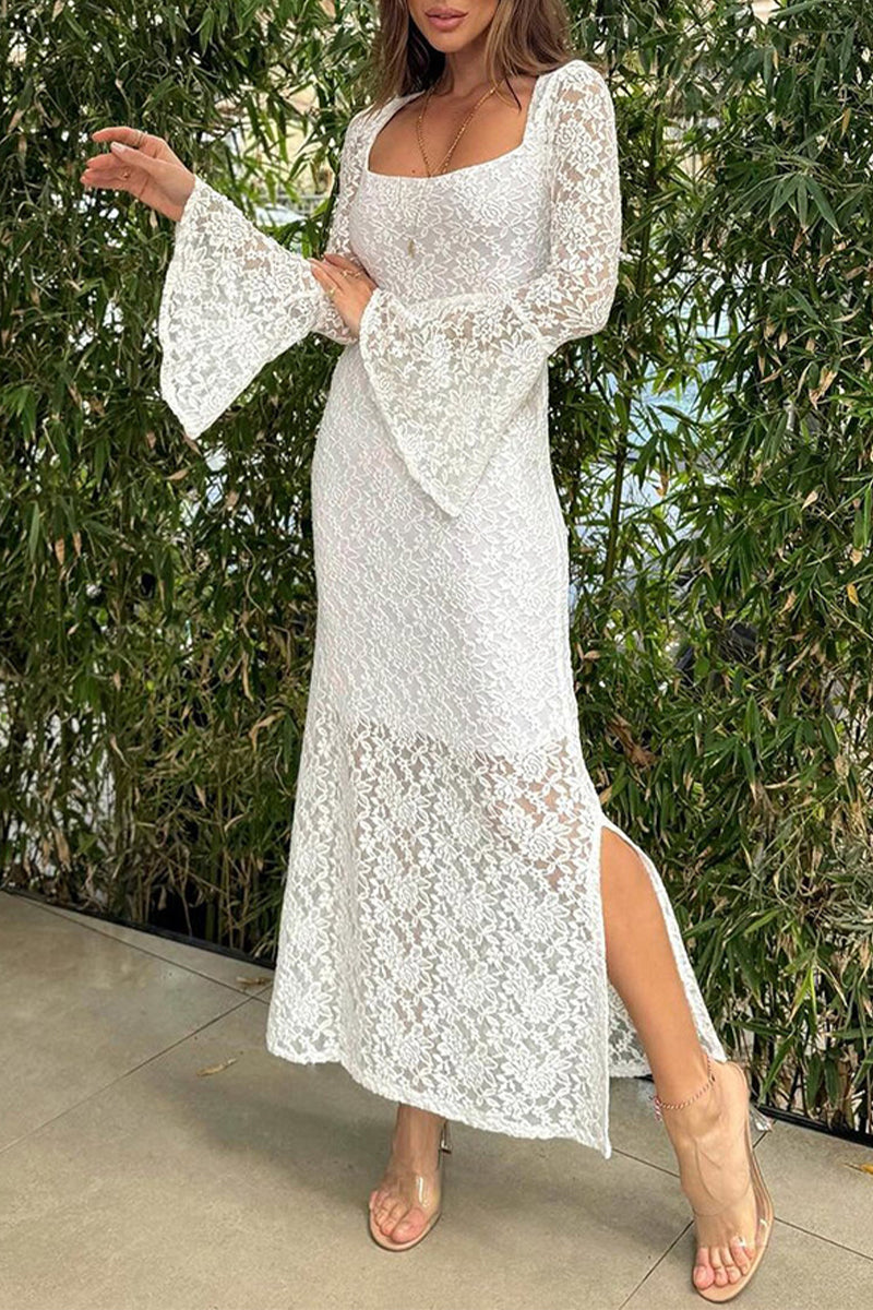 Lace Slit O Neck One Step Skirt Dresses
