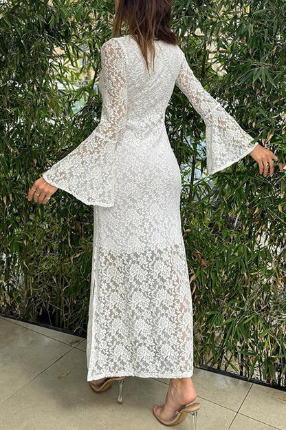 Lace Slit O Neck One Step Skirt Dresses