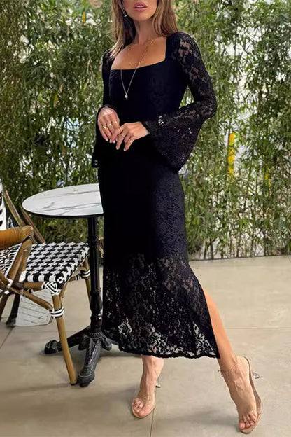 Lace Slit O Neck One Step Skirt Dresses