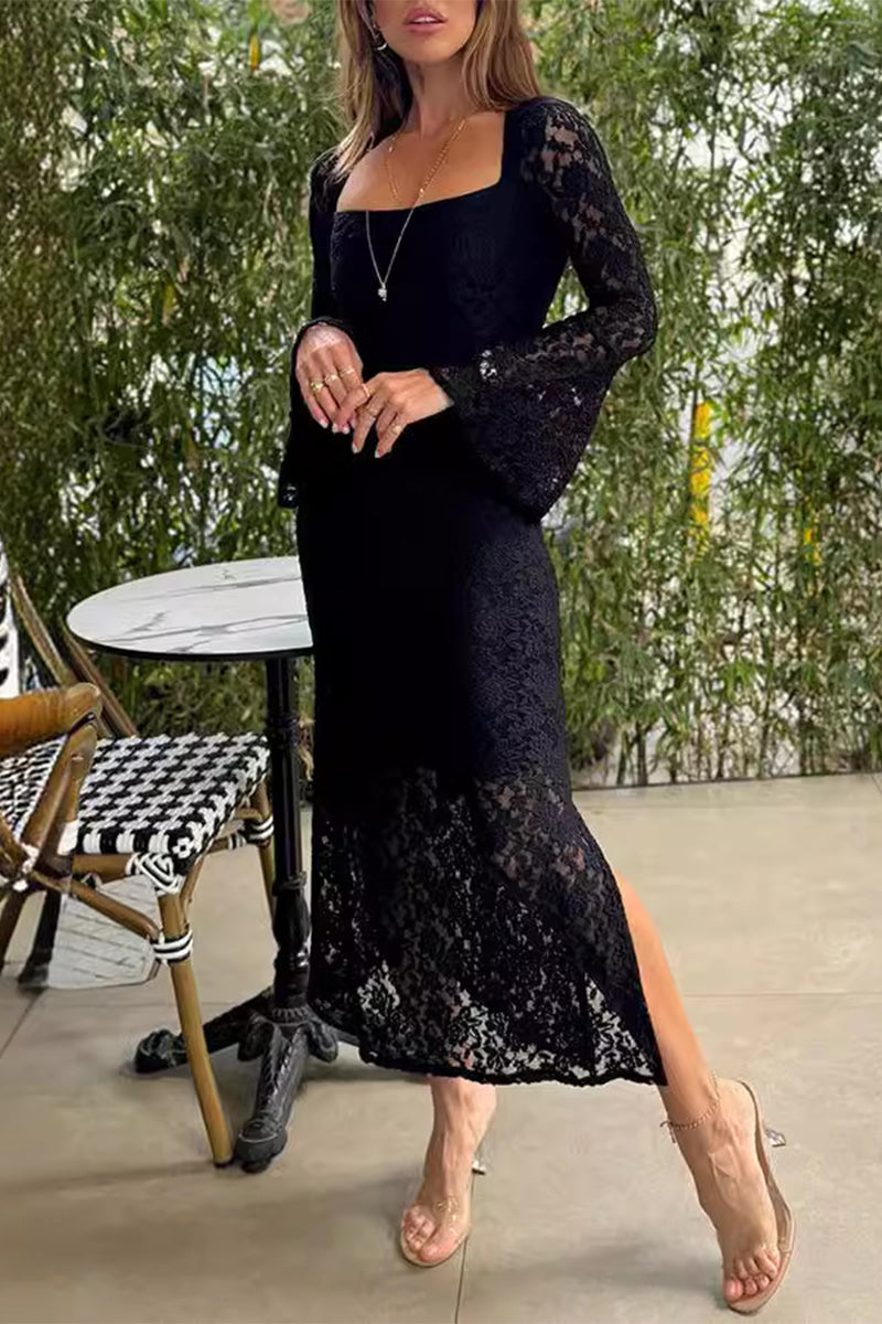 Lace Slit O Neck One Step Skirt Dresses