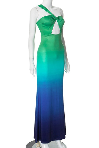 Gradient Print Hollowed Out Backless Oblique Collar Long Dresses