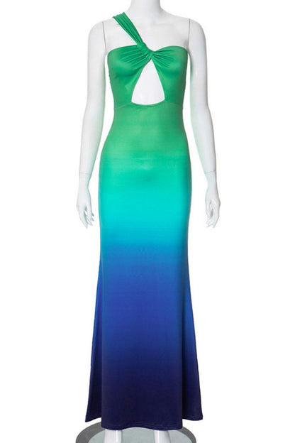 Gradient Print Hollowed Out Backless Oblique Collar Long Dresses