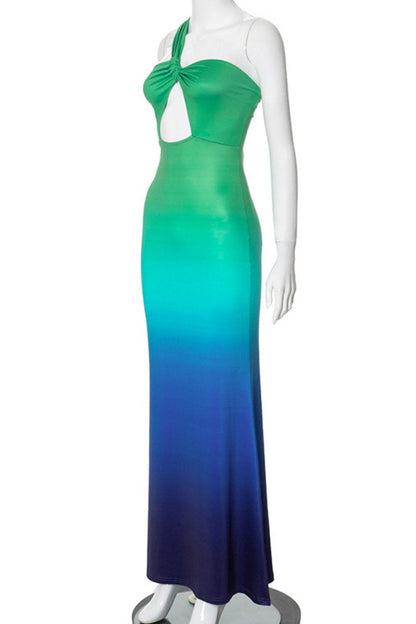 Gradient Print Hollowed Out Backless Oblique Collar Long Dresses