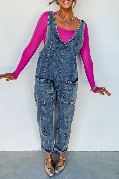 Street Color Distressed Pocket V Neck Sleeveless Loose Denim Jumpsuits