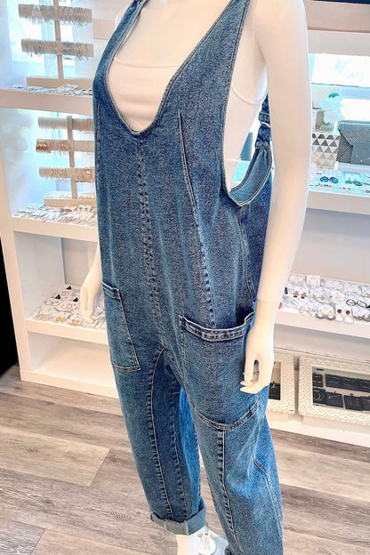 Street Color Distressed Pocket V Neck Sleeveless Loose Denim Jumpsuits