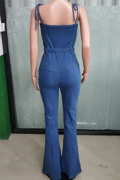 Street Color Lace Up Slit Patchwork Spaghetti Strap Regular Jumpsuits