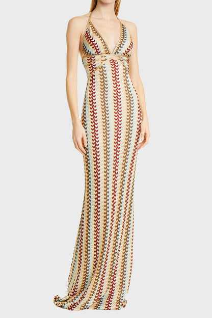 Colorblock Lace Up Backless Contrast V Neck One Step Skirt Dresses