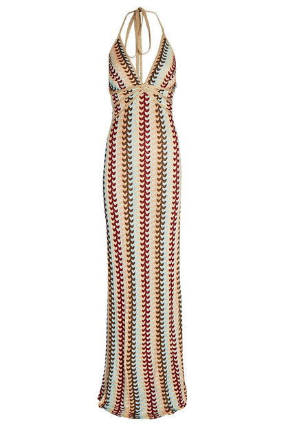 Colorblock Lace Up Backless Contrast V Neck One Step Skirt Dresses