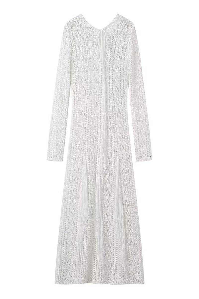 Color Hollow Out Tassel O Neck One Step Skirt Dresses