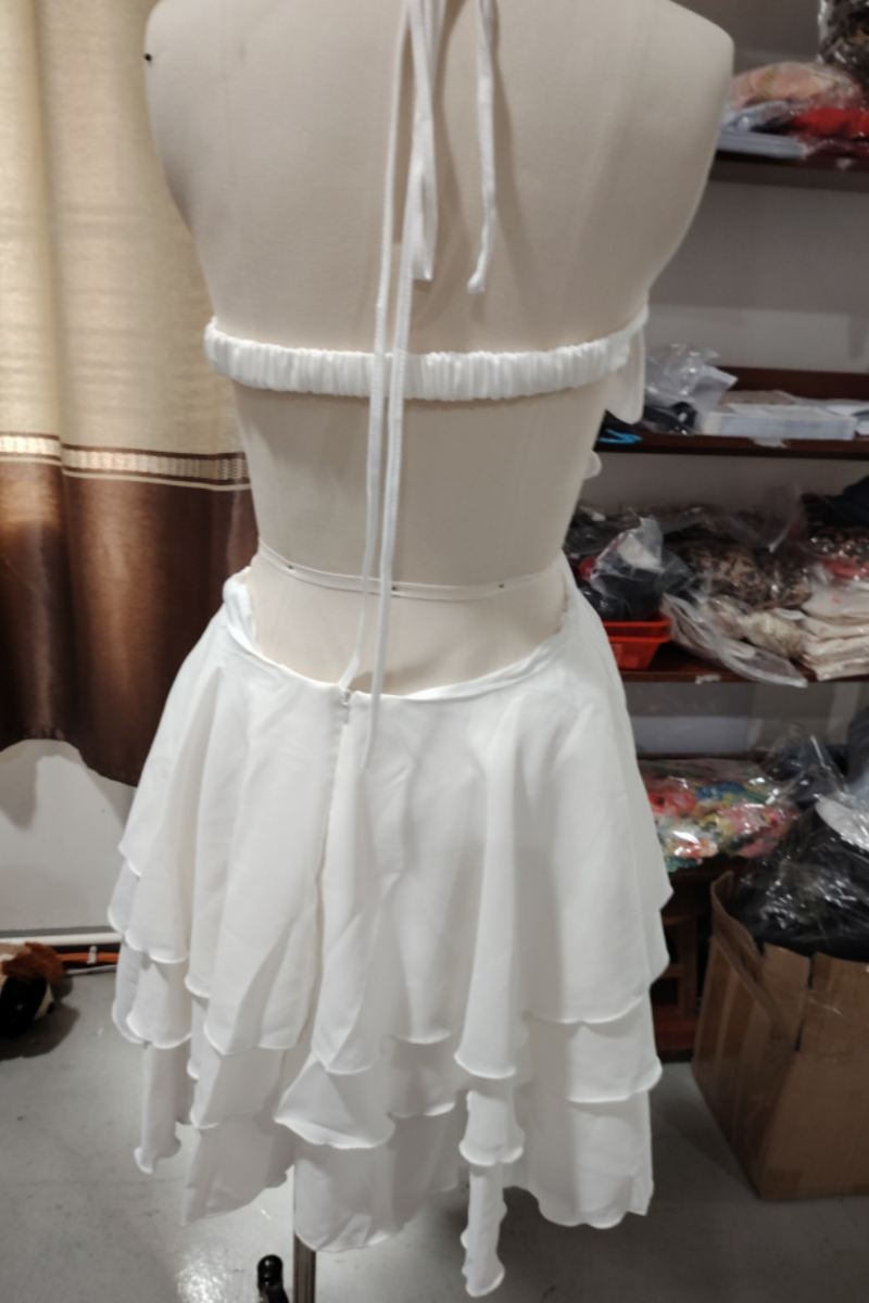 Color Lace Up Backless Halter Cake Skirt Dresses