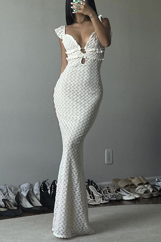 Color Hollow Out Lace Up Backless V Neck One Step Skirt Dresses