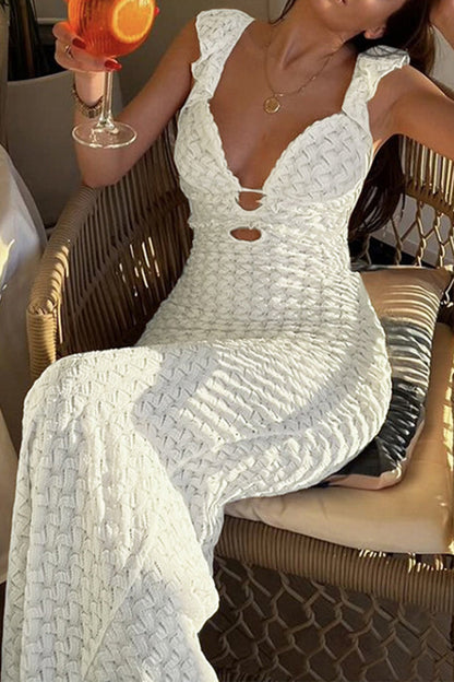 Color Hollow Out Lace Up Backless V Neck One Step Skirt Dresses