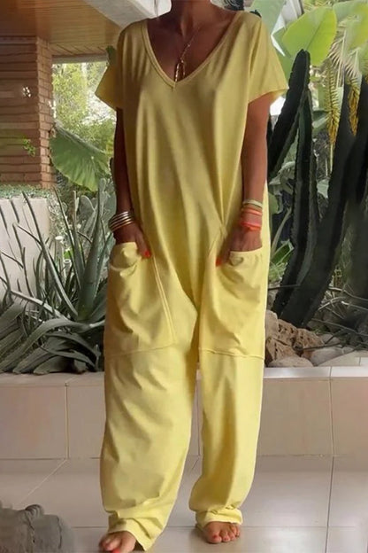 Daily Color Pocket V Neck Loose Jumpsuits(8 Colors)