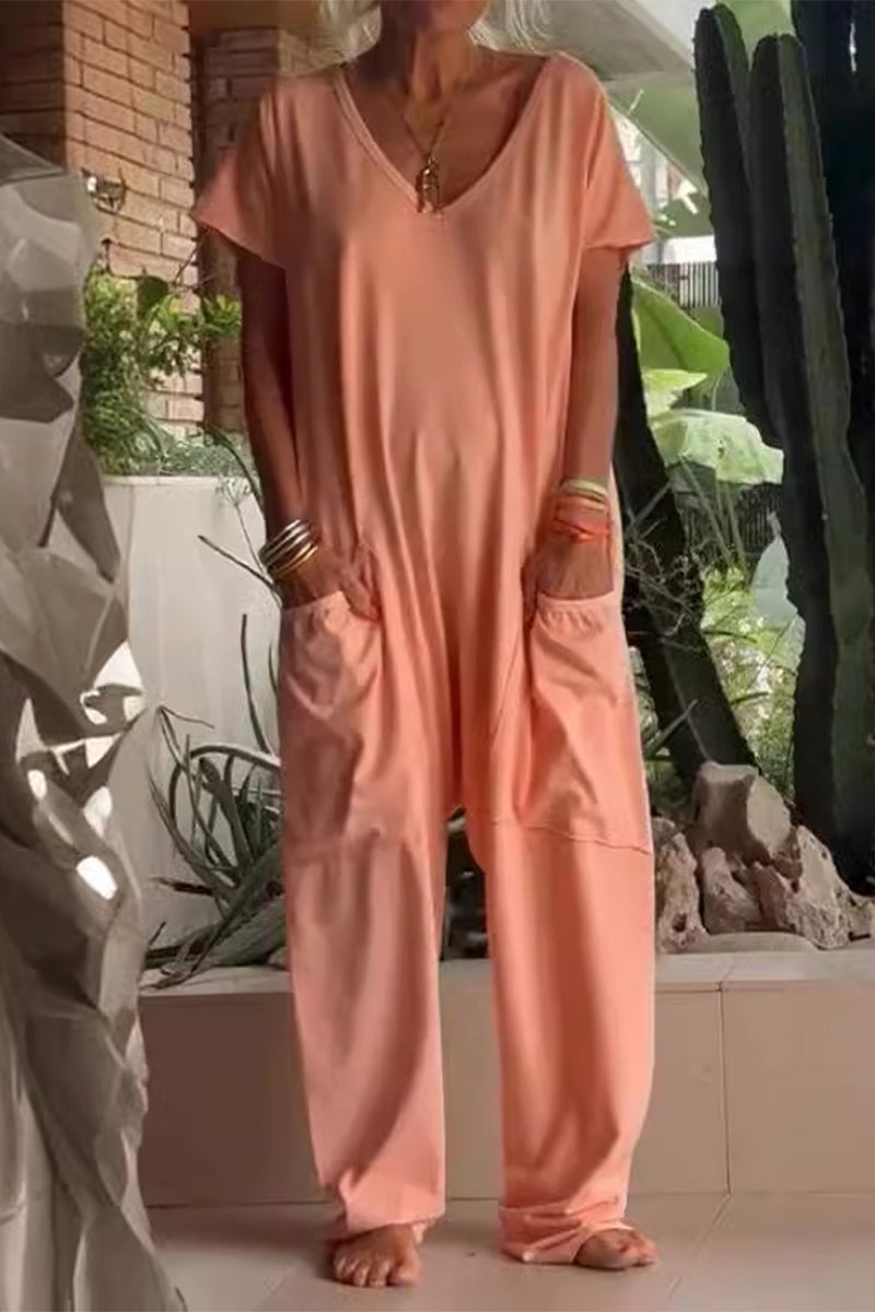 Daily Color Pocket V Neck Loose Jumpsuits(8 Colors)