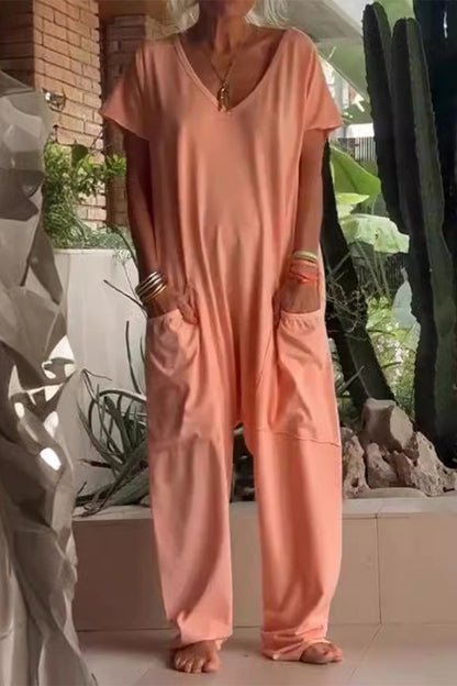 Daily Color Pocket V Neck Loose Jumpsuits(8 Colors)