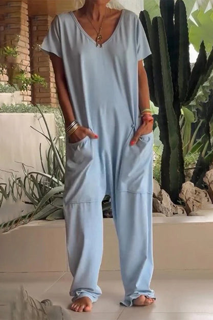 Daily Color Pocket V Neck Loose Jumpsuits(8 Colors)