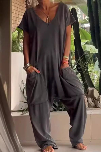 Daily Color Pocket V Neck Loose Jumpsuits(8 Colors)