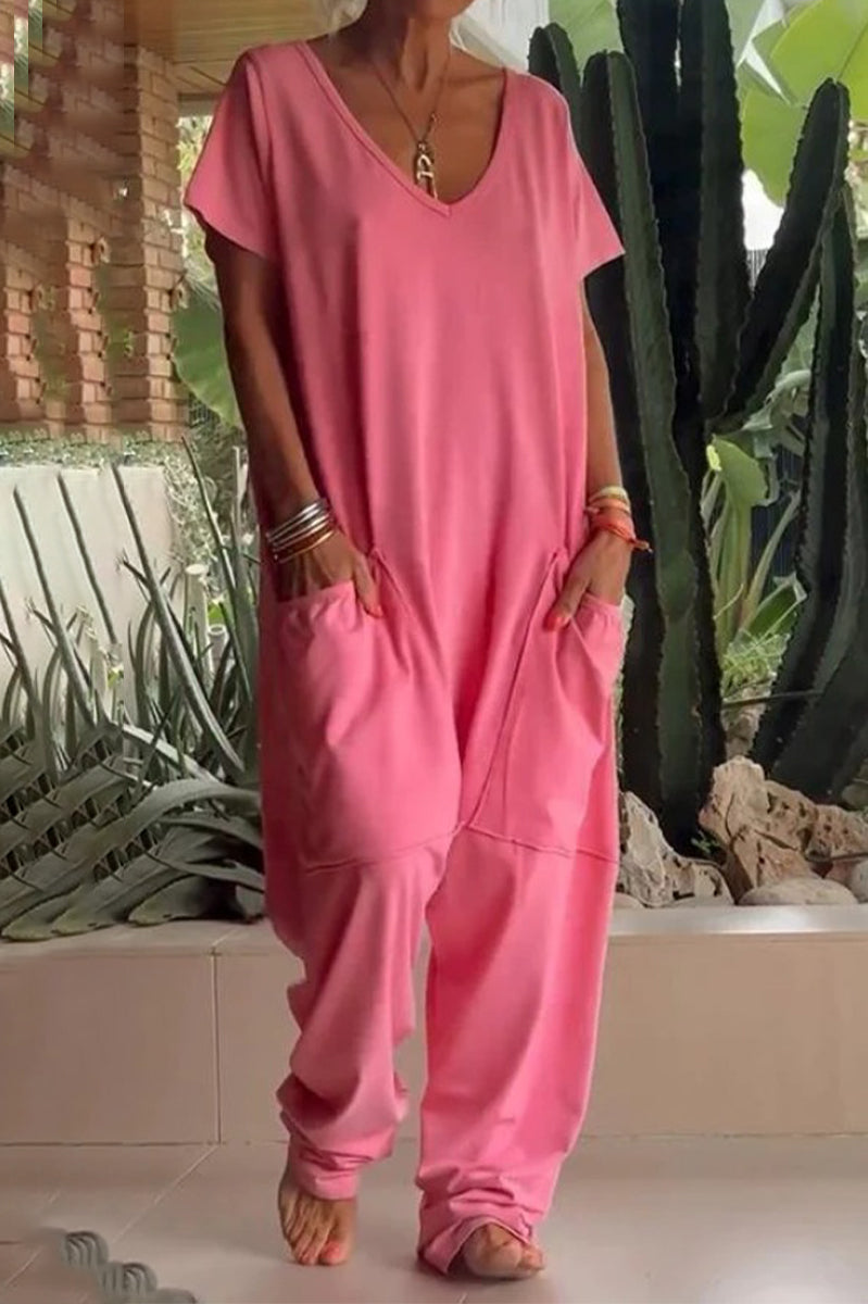 Daily Color Pocket V Neck Loose Jumpsuits(8 Colors)