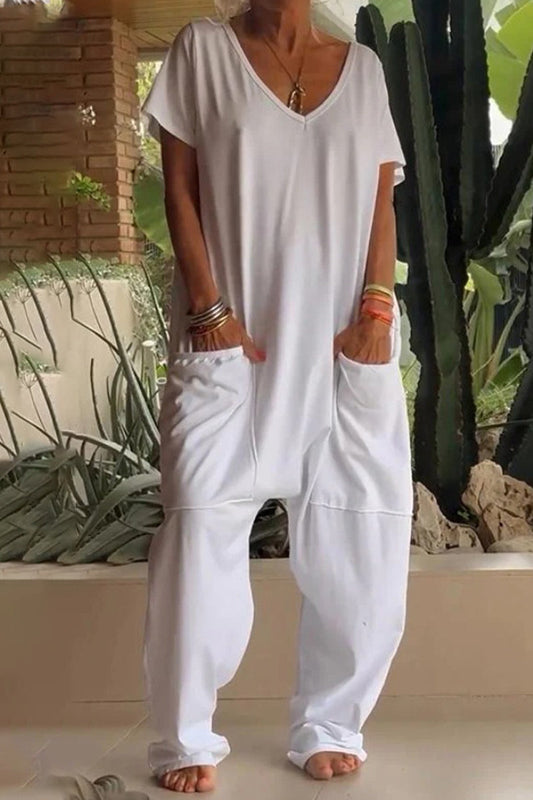 Daily Color Pocket V Neck Loose Jumpsuits(8 Colors)