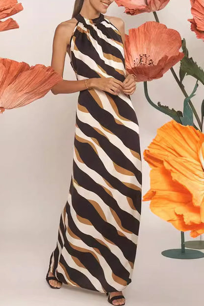 Daily Striped Print Lace Up Contrast Halter One Step Skirt Dresses
