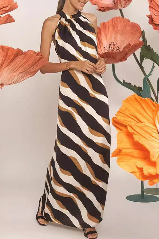 Daily Striped Print Lace Up Contrast Halter One Step Skirt Dresses