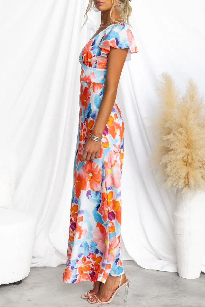 Print Contrast V Neck One Step Skirt Dresses