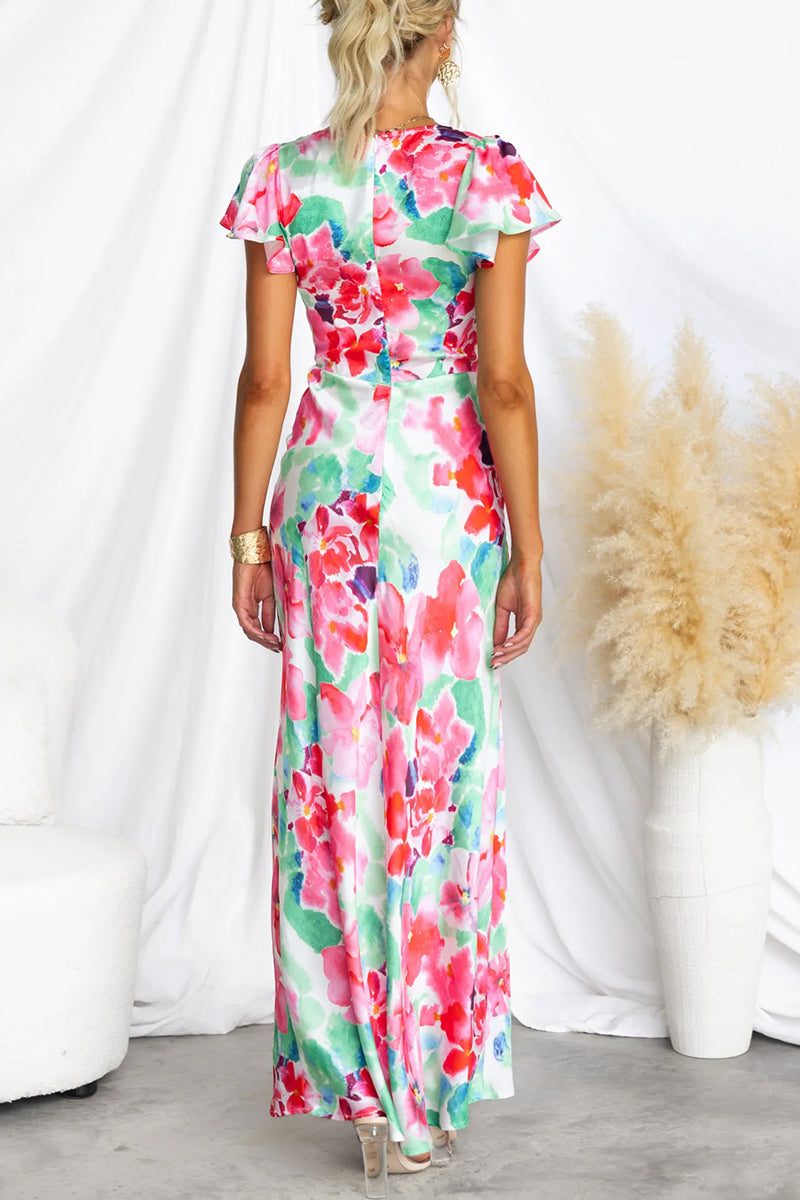 Print Contrast V Neck One Step Skirt Dresses