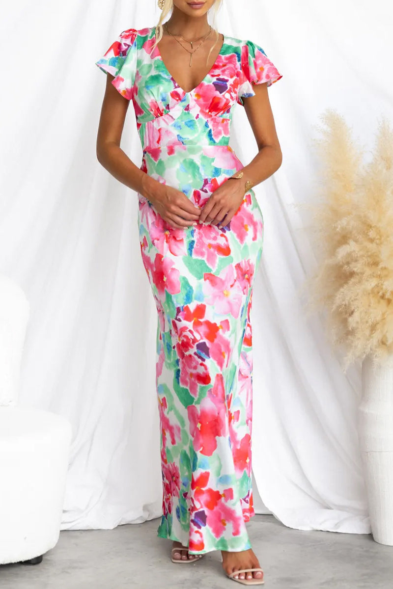 Print Contrast V Neck One Step Skirt Dresses